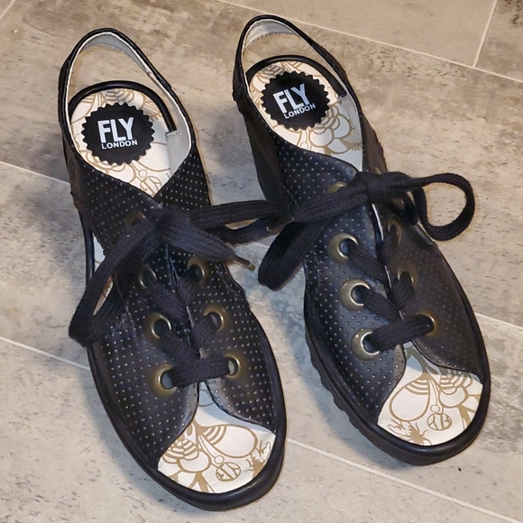 Fly London Shoes - Fly London Leather Lace Up Eyelet Wedge Sandal